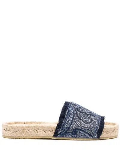 Etro Intricately Patterned Casual Mules With Frayed Edges In Blue