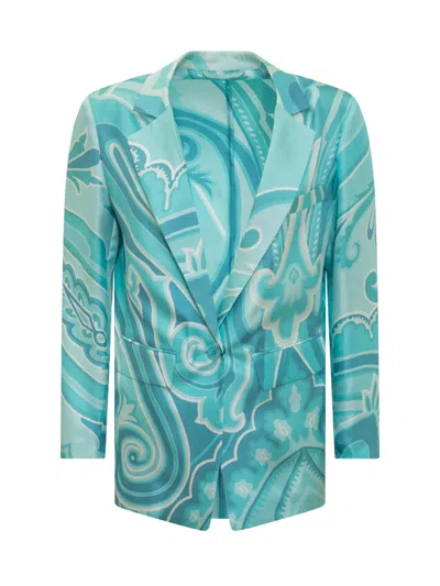 Etro Blue Printed Notched Lapel Blazer