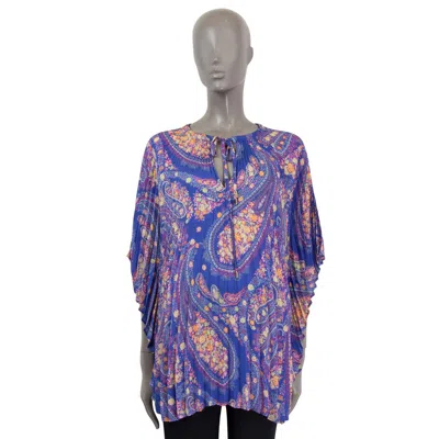 Pre-owned Etro Blue Purple Silk Rodin Paisley Pleated Poncho Blouse Shirt One Size
