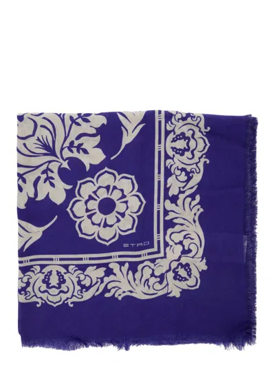 Etro Blue Scarf With All-over Floral Print In Multicolor