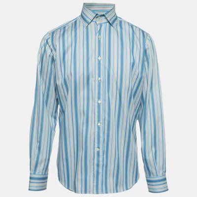 Pre-owned Etro Blue Striped Cotton Poplin Button Up Shirt L