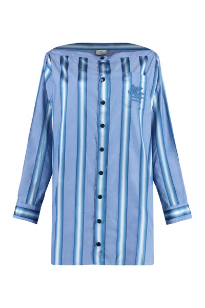 Etro Blue Striped Off-shoulder Mini Dress For Women In Light Blue