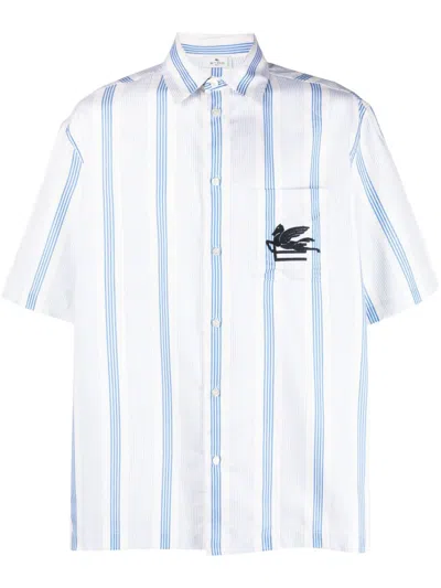 Etro Blue Striped Pegasus Embroidered Shirt For Men