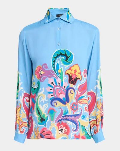 Etro Blue Summer Artwork Silk Button-down Tunic Top In Blue Print 3