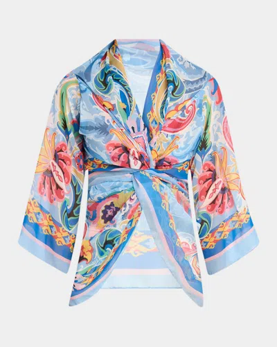 Etro Blue Summer Artwork Silk Wrap Cape In Blue Print 3