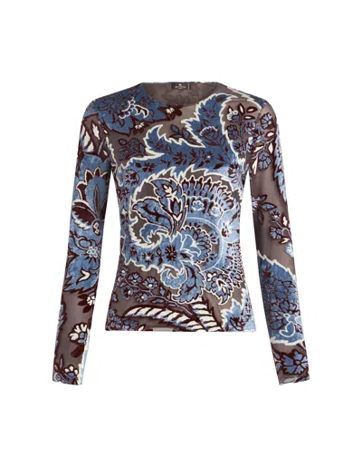 ETRO BLUE VELVET JACQUARD TULLE TOP