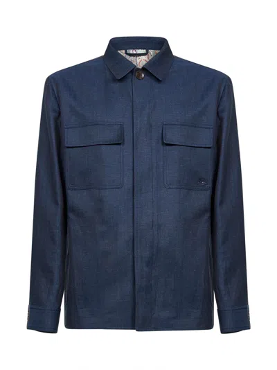Etro Blue Wool And Linen Shirt Jacket