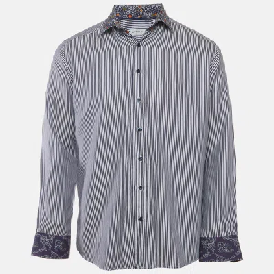 Pre-owned Etro Blue/white Striped And Paisley Print Cotton Button Up Shirt L