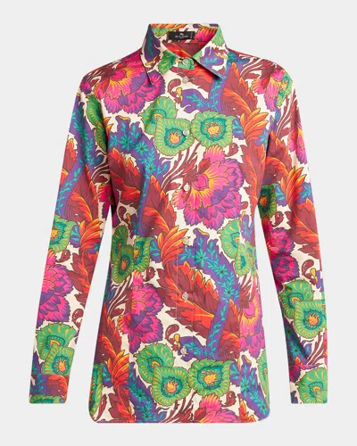 Etro Blur Print Long Sleeved Cotton Shirt In Green
