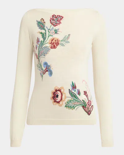 Etro Boat-neck Floral Linen Knit Sweater