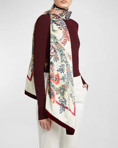 Etro Bohemian Print Scarf With Velvet Trim In X0820 Print On Beige Base
