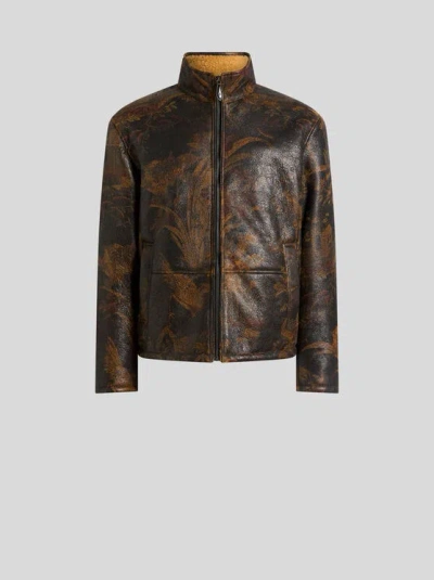 Etro , Bomberjacke Aus Leder Mit Shearling Und Floralem Print Mit Tiermotiven, Herren, Braun, Grösse Xxl In Brown