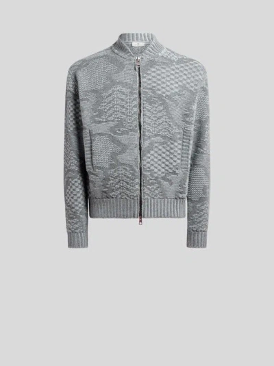 Etro , Bomberjacke Aus Strickstoff Aus Einer Wollmischung Mit Motiv, Herren, Grau, Grösse M In Gray