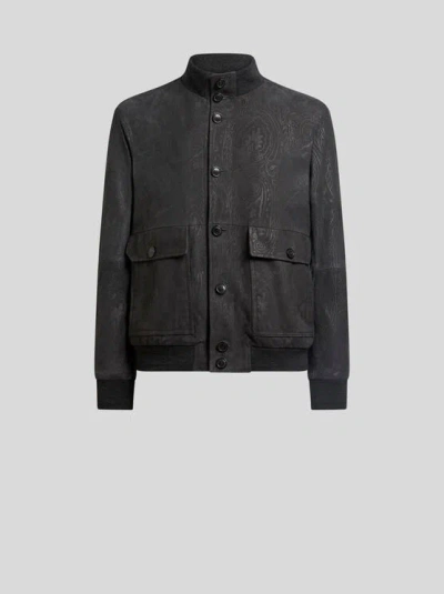Etro , Bomberjacke Aus Veloursleder Mit Arnica-motiv, Herren, Grau, Grösse Xxl In Gray