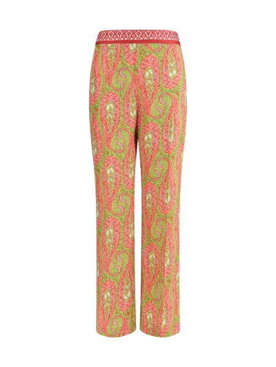 Etro Paisley Foliage Trousers Contrasting Waistband Straight Leg In Multi