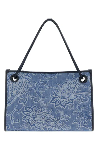 Etro Embroidered Denim Medium Eyes Shopping Bag In White