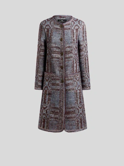 Etro , Bouclé Jacquard Coat, Woman, Light Blue, Size 50 In Gray