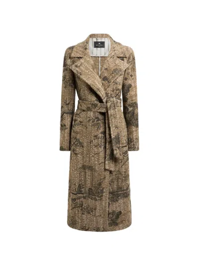 Etro Bouclé Wrap Coat With Flower And Animal Motif In Neutral