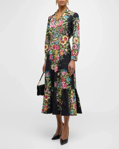 Etro Bouquet Floral V-neck Long-sleeve Cotton Midi Shirtdress In Print On Black Ba