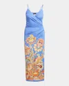 Etro Bouquet-print Draped Jersey Midi Dress In Blue