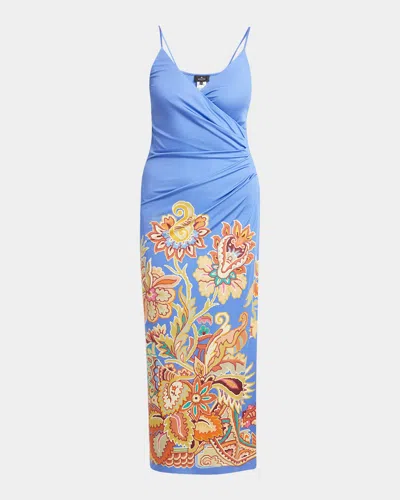 Etro Bouquet-print Draped Jersey Midi Dress In Blue