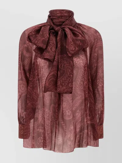 Etro Bow Blouse High Neck Long Sleeves In Burgundy