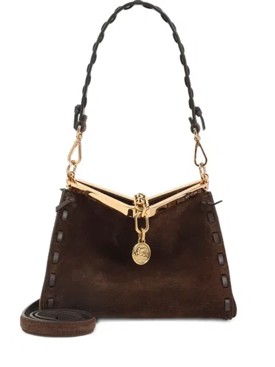 Etro Braided-handle Suede Shoulder Bag In Brown