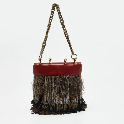 Pre-owned Etro Brick Brown/gold Leather Beaded Fringe Shoulder Bag