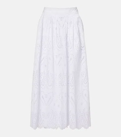 Etro Pleated Scalloped Broderie Anglaise Cotton-blend Poplin Midi Skirt In White