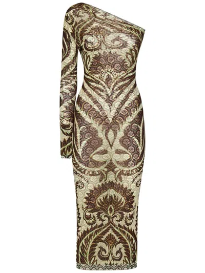 Etro Brown And Greensingle-shoulder Long Dress In Techno Fabric Woman In Neutral