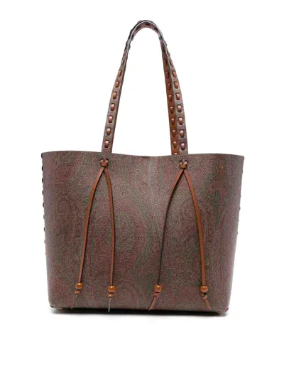 ETRO BROWN CALF LEATHER PAISLEY-PRINT SHOPPING BAG