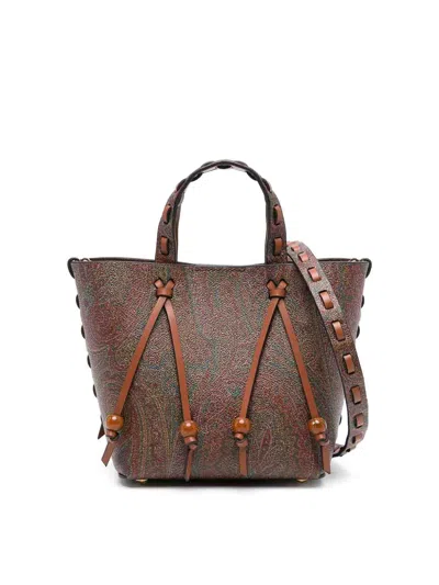 ETRO BROWN CALF LEATHER PAISLEY-PRINT TOTE BAG