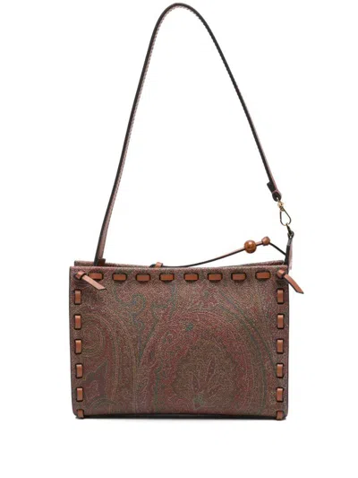 Etro Brown Calfskin Shoulder Bag With Paisley Print