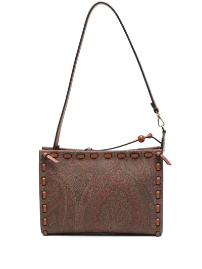 ETRO BROWN CALFSKIN SHOULDER BAG WITH PAISLEY PRINT