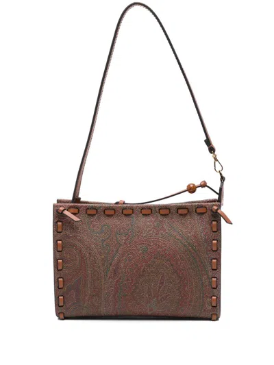 ETRO BROWN CALFSKIN SHOULDER BAG WITH PAISLEY PRINT ETRO