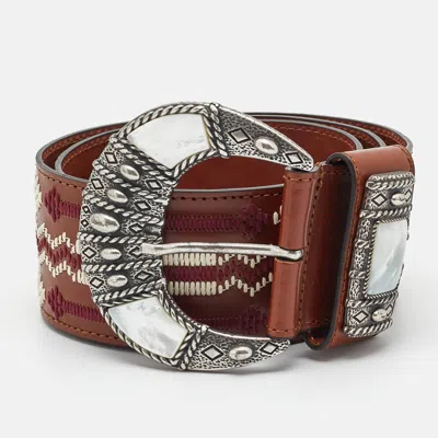 Pre-owned Etro Brown Embroidered Leather Mother Of Pearl Buckle Waist Belt M