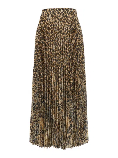 Etro Brown High-waisted Midi Skirt With All-over Leopard Motif In Stretch Tech Fabric For Women