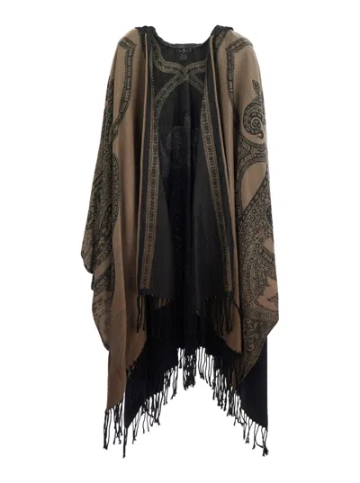 Etro Brown Hooded Cape With All-over Paisley Motif In Wool For Women