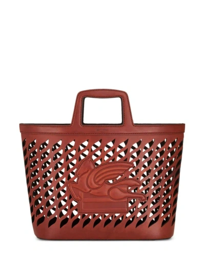 Etro Perforated Leather Shopping Bag In Leather Brown