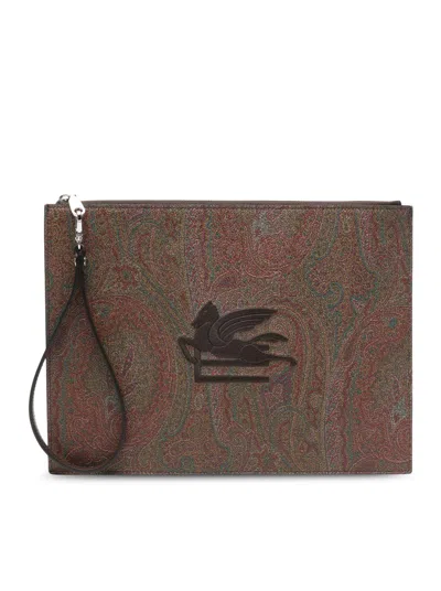 Etro Brown Paisley Jacquard Canvas Clutch With Logo Embroidery On The Front And Wrist Strap