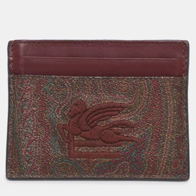 Pre-owned Etro Brown Paisley Print Coated Canvas Logo Embroidered Card Holder