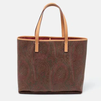 Pre-owned Etro Brown Paisley Printed Coated Canvas And Leather Shopper Tote