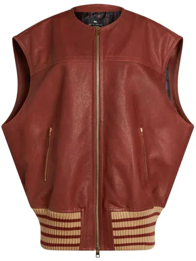 ETRO BROWN SLEEVELESS JACKET WITH REAR PRINTED IN LEATHER WOMAN