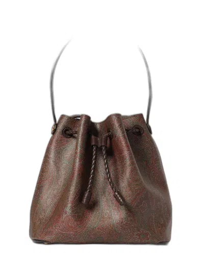 Etro Arnica Bucket Bag In Coated Cotton With Paisley Print In Brown