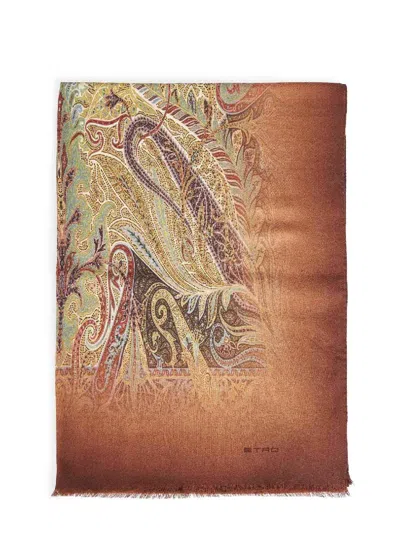 Etro Brown Wool Printed Scarf With Paisley Pattern