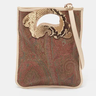 Pre-owned Etro Brown/beige Paisley Coated Canvas Python Embossed And Leather Crossbody Bag