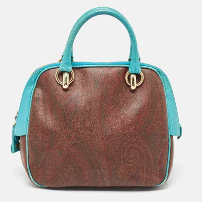 Pre-owned Etro Brown/turquoise Blue Paisley Coated Canvas And Lizard Embossed Leather Satchel