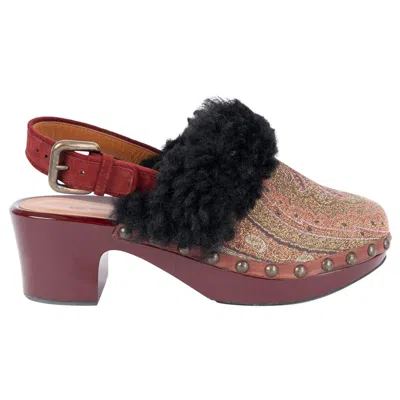 Pre-owned Etro Burgundy & Black Fur Trim Paisley Clogs Shoes 37 In Red