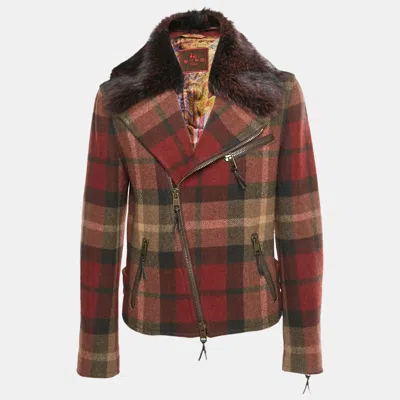 Pre-owned Etro Burgundy Checks Wool And Fox Fur Collar Jacket M