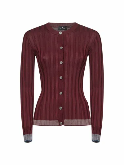 Etro Burgundy Flat Ribbed Knit Cardigan